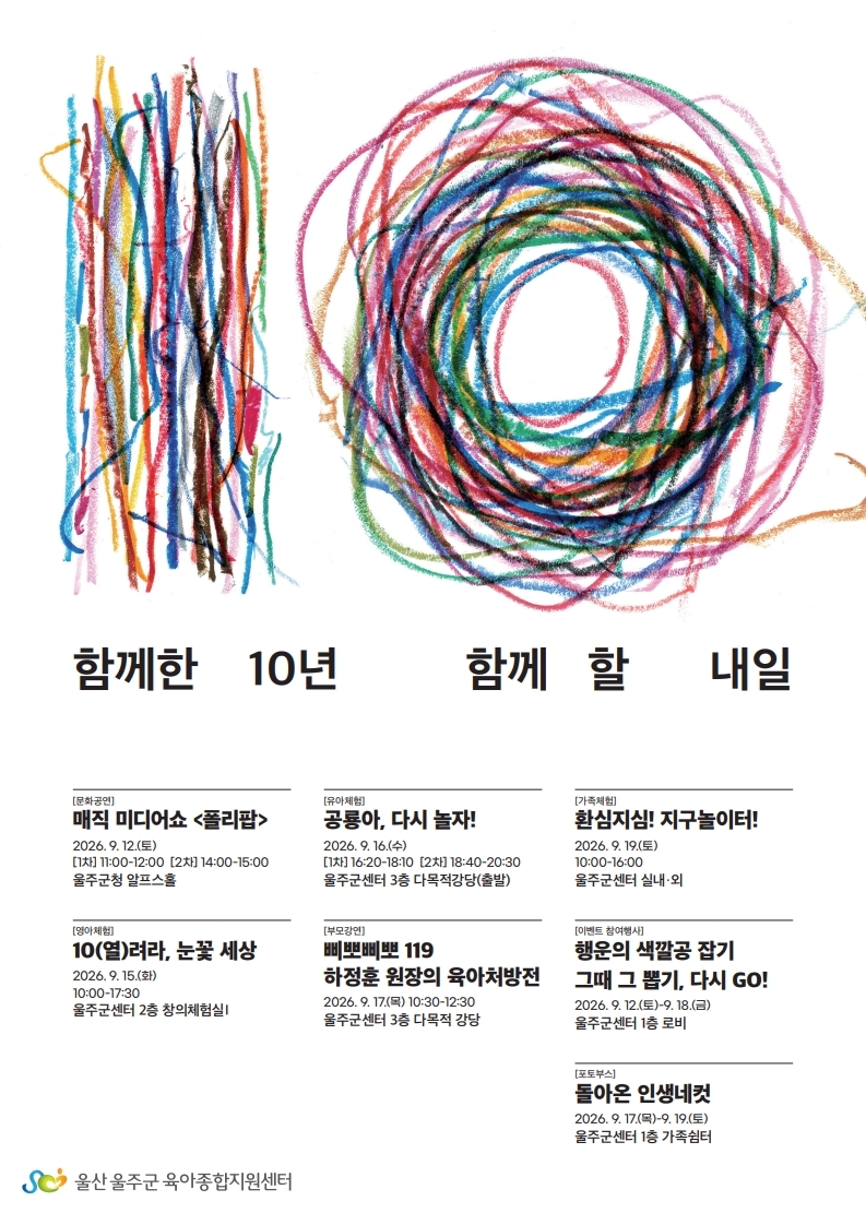 울주군육아종합지원센터 개소 10주년 기념행사 ‘함께한 10년, 함께할 내일’ 행사 안내 포스터. [울산 울주군 제공]