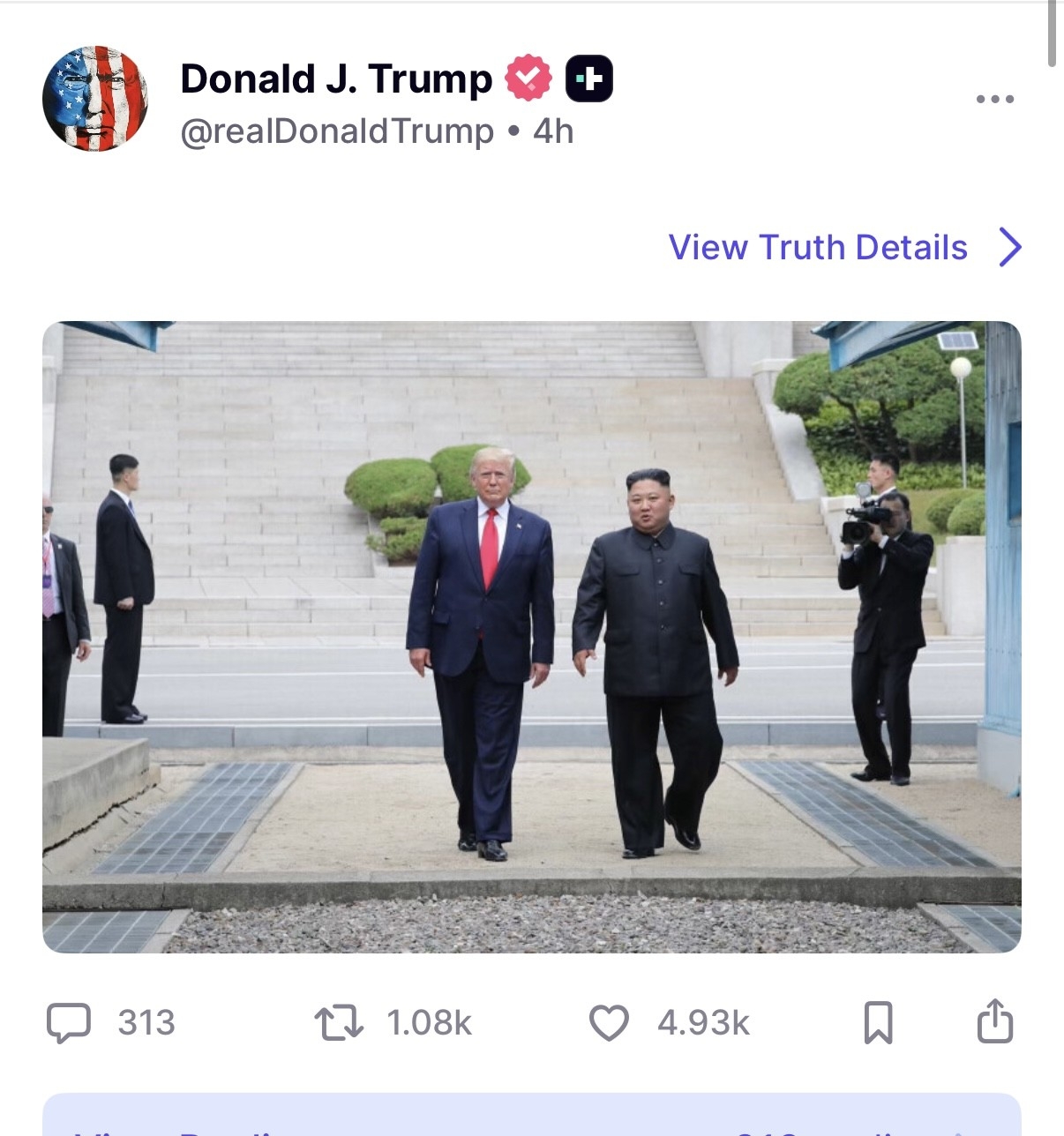 US President Donald Trump posted several photos of himself with North Korean leader Kim Jong-un on social media on Aug. 24 (US time), including images from their 2018 Singapore summit and their 2019 meeting at Panmunjom, in an apparent renewed overture for dialogue with Pyongyang. (Truth Social screenshot/Yonhap)