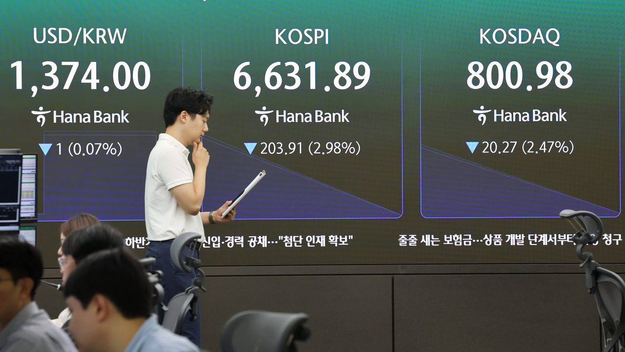 An electronic board showing the Korea Composite Stock Price Index at a dealing room of the Hana Bank headquarters in Seoul on Wednesday. (Yonhap)