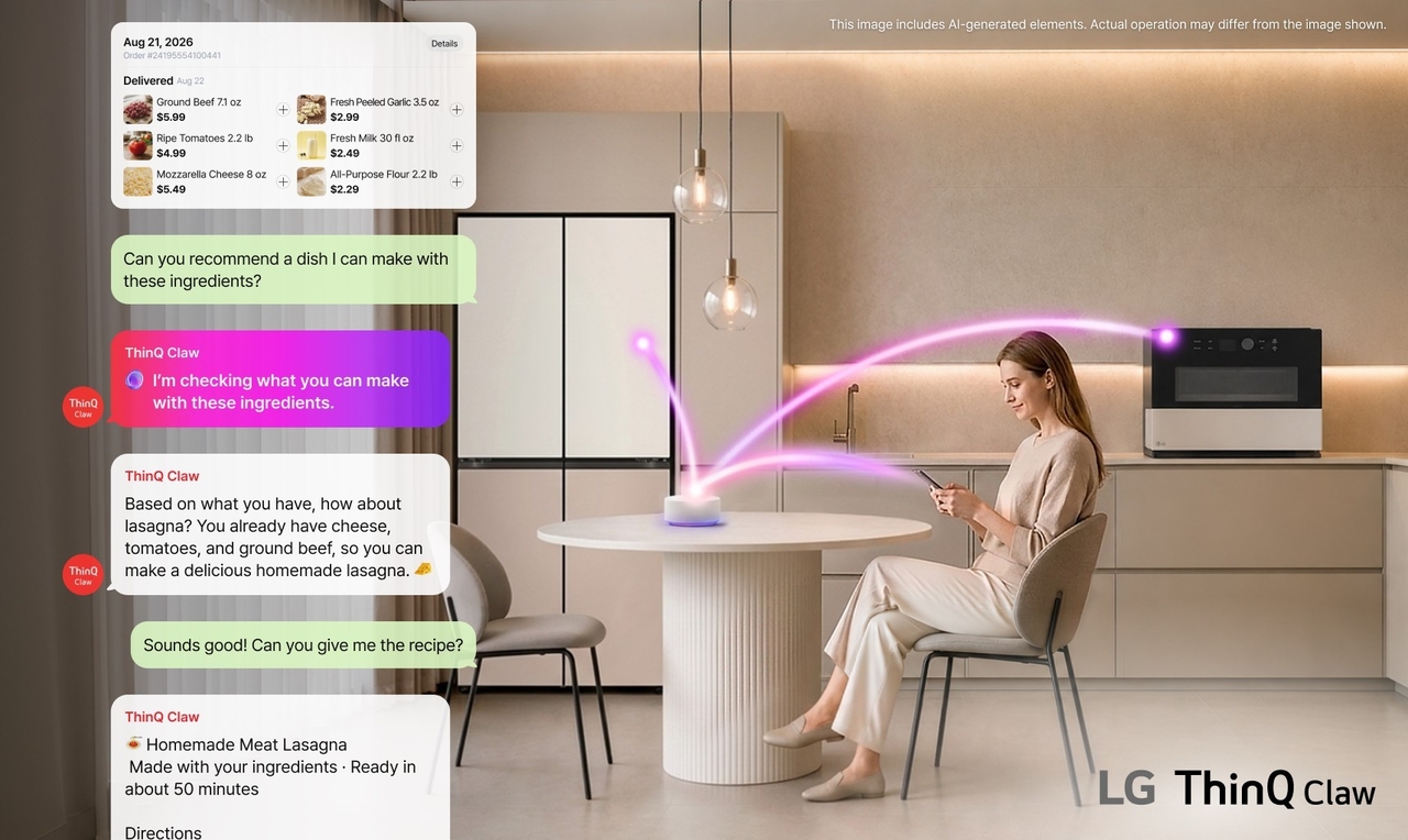 An LG Electronics promotional image shows ThinQ Claw suggesting a meal based on a user's available ingredients and connected home data. The image includes AI-generated elements, according to LG. (LG Electronics)