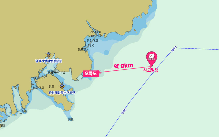 A map shows the site where a tugboat capsized about 9 kilometers southeast of Oryukdo in Busan on Wednesday. (Busan Coast Guard)
