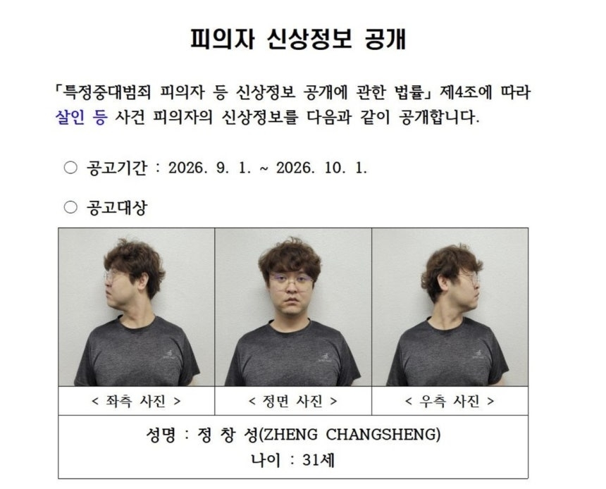 Mug shots of Zheng Changsheng, released by North Gyeongsang Province police (Gyeongbuk Provincial Police Agency)