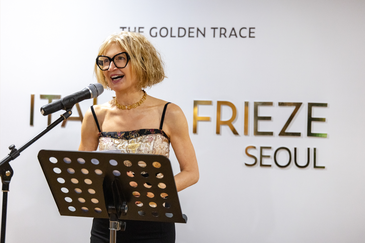 Italian Ambassador to Korea Emilia Gatto speaks at the event “Italy at Frieze” at the Italian ambassador’s residence in Hannam-dong, Seoul, on Tuesday. (Embassy of Italy in Seoul)