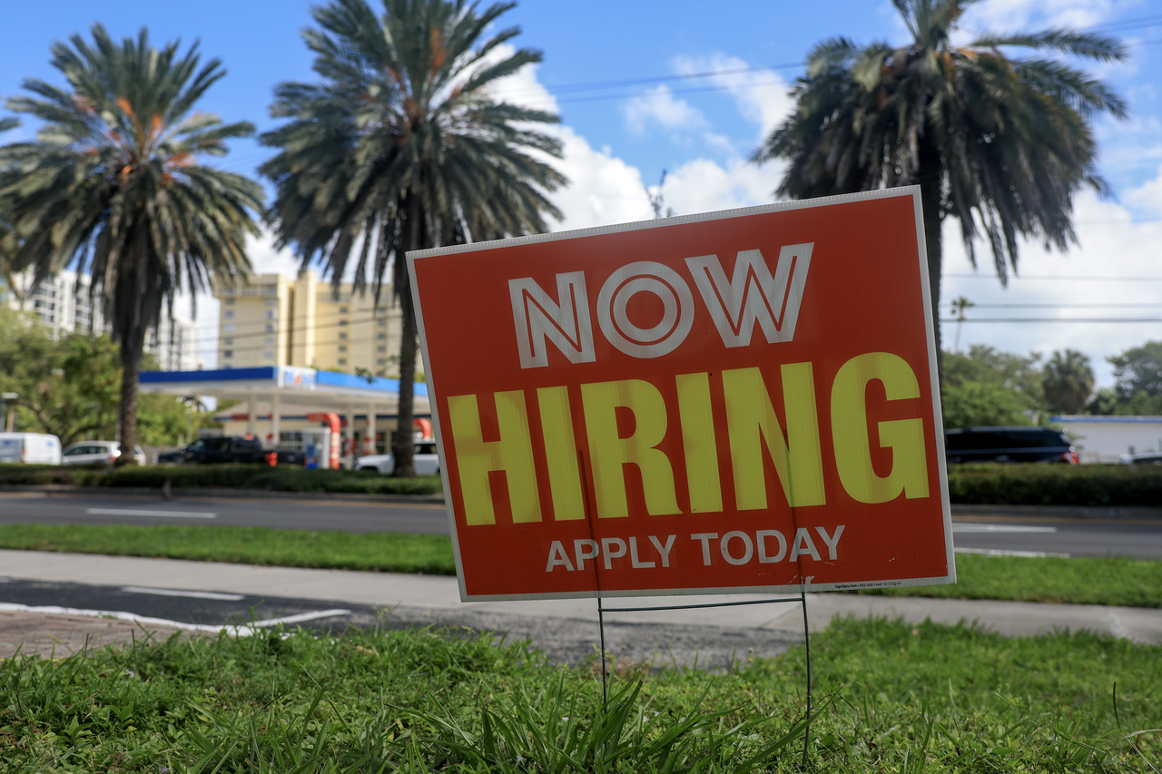 A "Now Hiring" sign is posted outside a business in Miami, Florida, in October last year. [Getty Images]