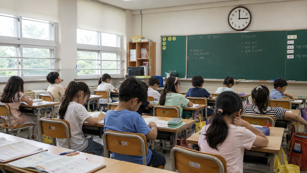 초등학교 저학년의 하교 시간을 오후 3시로 늦추는 방안이 국가교육위원회 공론장에 오른다. 사진은 3시까지 수업을 듣고 있는 초등학생의 모습. [챗GPT로 제작]