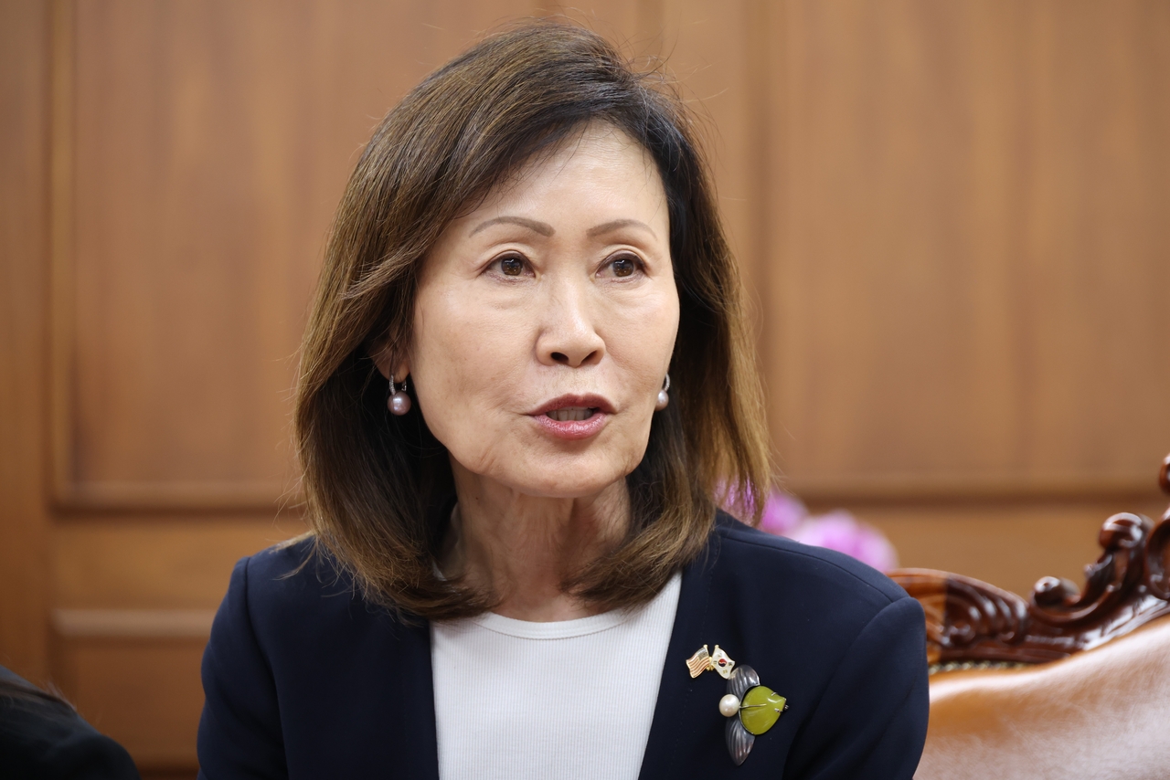 US Ambassador to South Korea Michelle Steel speaks during a meeting with National Assembly Speaker Cho Jeong-sik at the National Assembly on Aug. 21. (Pool photo via Yonhap)