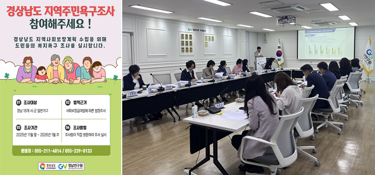 경남도가 4일 ‘제6기 지역사회보장계획 정책소통회’를 열고 본격적인 계획 수립에 들어갔다. 사진은 이번 계획 수립의 기초자료 마련을 위해 지난해 11월 배포한 주민욕구조사 안내 포스터(왼쪽)와 지난 5월 열린 용역 보고회 모습. [경남도 제공]