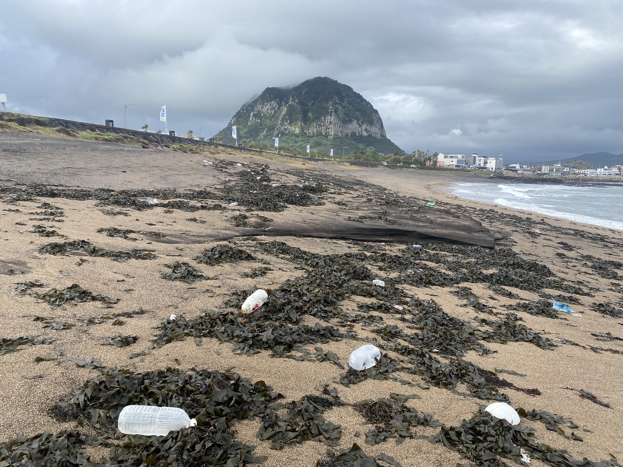 Discarded plastic bottles wash up on a beach in Seogwipo, Jeju Island, on Aug. 28. (Lim Jae-seong/The Korea Herald)