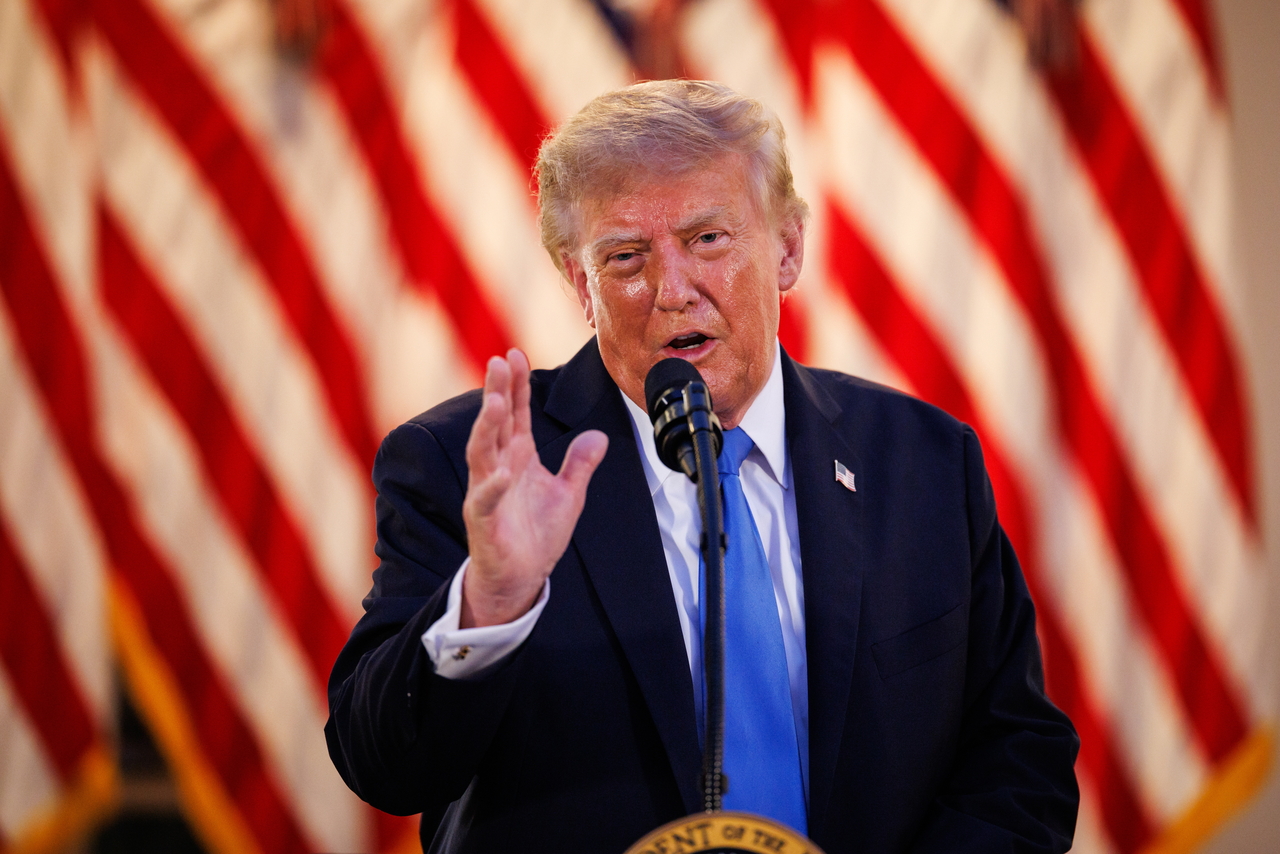 US President Donald Trump speaks during an "End of Summer Barbecue" event with Republican lawmakers in the Rose Garden of the White House in Washington on Wednesday (local time). [EPA]