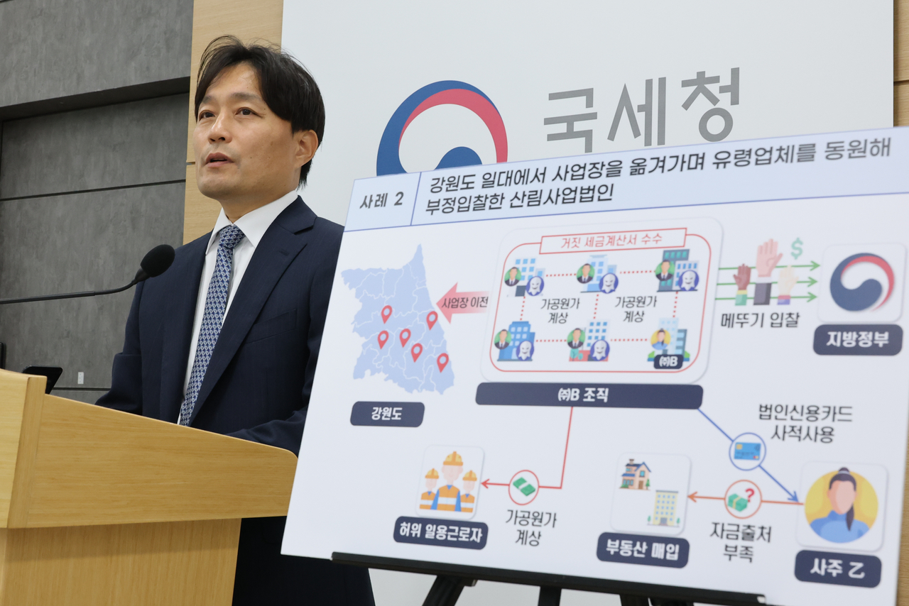 이성글 국세청 조사국장이 3일 정부세종청사 국세청 기자실에서 산불 피해 복구사업에 부정 입찰하고 세금을 탈루한 업체들에 대한 세무조사 계획을 설명하고 있다.  [연합]