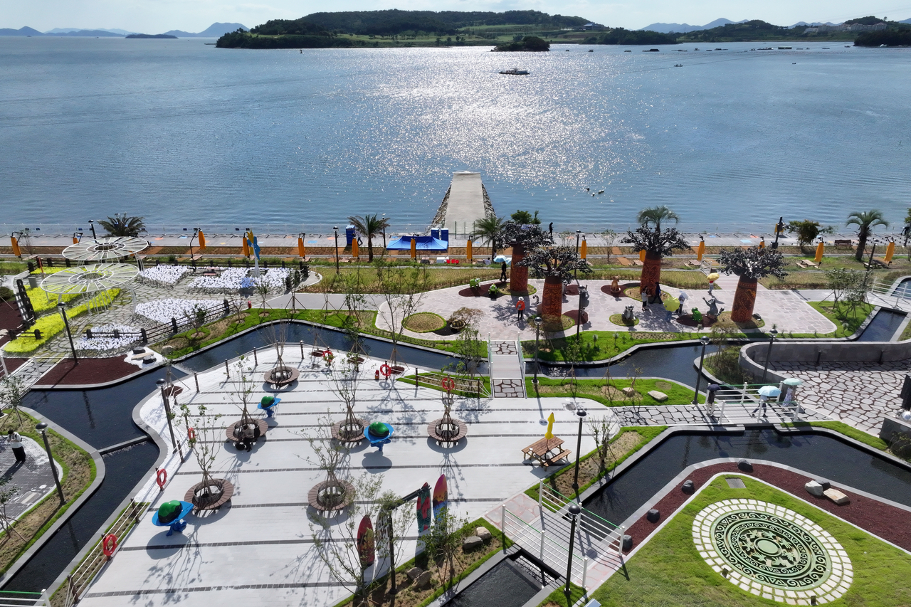 The sea and surrounding islands are seen beyond the main venue of the 2026 World Island Fair Yeosu Korea in Yeosu, South Jeolla Province, on Saturday. (Yonhap)