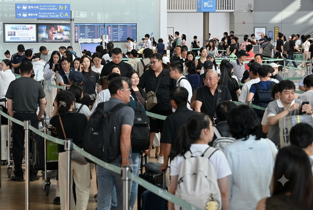Travelers crowd the departure hall of Terminal 1 at Incheon International Airport on the morning of July 31, as the peak summer holiday season gets underway. [Herald DB]