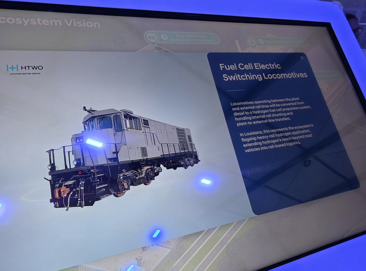 A hydrogen fuel cell switching locomotive — designed to replace a diesel-powered counterpart — is introduced at the HPLS groundbreaking ceremony in Donaldsonville, Louisiana, on Friday (local time). By Kwon Je-in