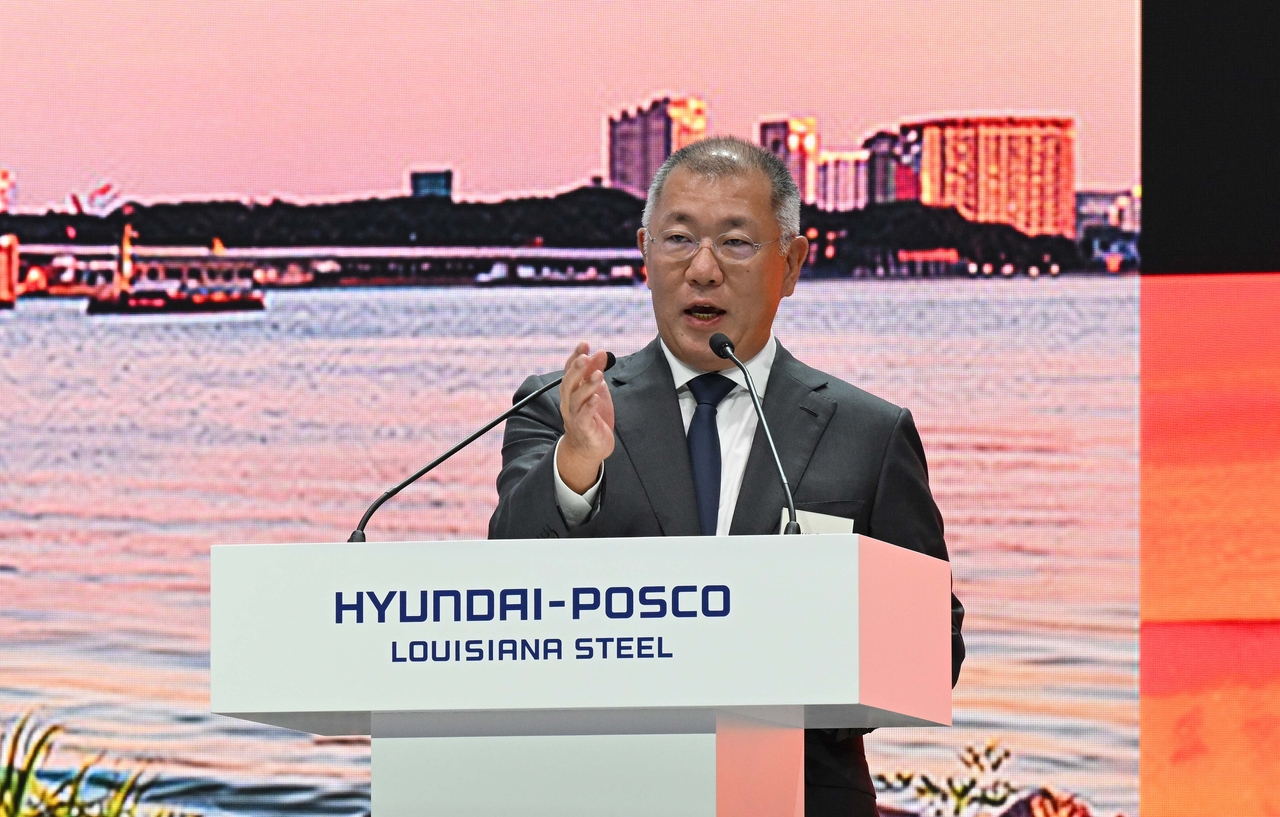 Hyundai Motor Group Executive Chair Chung Euisun delivers welcoming remarks at the groundbreaking ceremony on Friday in Ascension Parish, Louisiana. (Hyundai Steel)