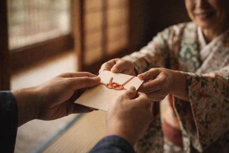 A guest at a ryokan, a traditional Japanese inn, places money in an envelope to present to a staff member as a token of gratitude. While tipping is not customary in Japan, guests at ryokan who receive exceptional service sometimes offer a gratuity known as "kokorozuke" in a sealed envelope. [Getty Images]