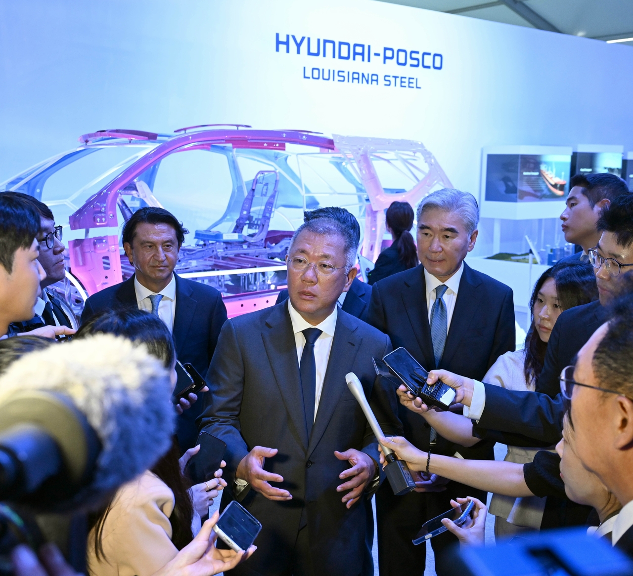 Hyundai Motor Group Executive Chair Chung Euisun answers reporters’ questions after the groundbreaking ceremony for the Hyundai-Posco Louisiana Steel in Louisiana on Friday. (Hyundai Motor Group)