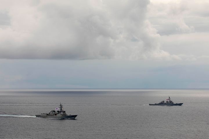 South Korean and US warships participate in the Freedom Edge exercise in international waters south of Jeju Island on Sept. 16, 2025. (Joint Chiefs of Staff)