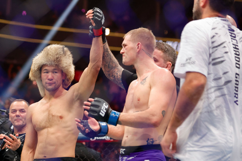Shavkat Rakhmonov's hand is raised by the referee after his unanimous decision victory over Ian Garry at UFC 310 in December 2024. [Getty Images]