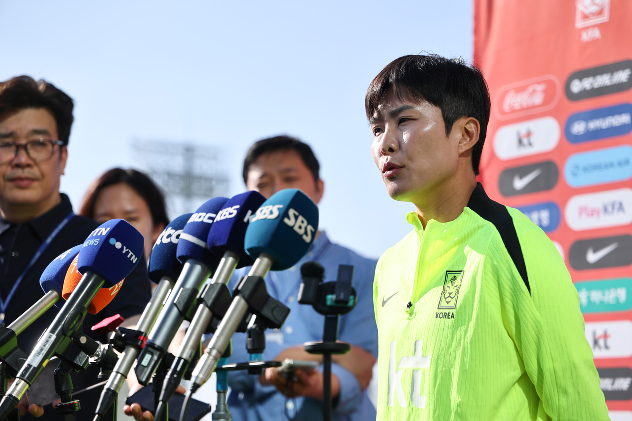 Ji So-yun of the South Korean women's national football team speaks to reporters before a training session for the Asian Games at Korea Football Park in Cheonan, South Chungcheong Province, on Sept. 7, 2026. (Yonhap)