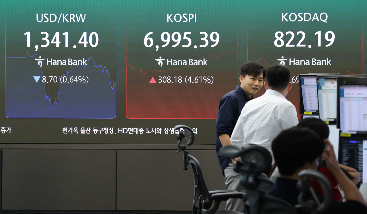 An electronic board showing the Korea Composite Stock Price Index at a dealing room of the Hana Bank headquarters in Seoul on Monday. (Yonhap)