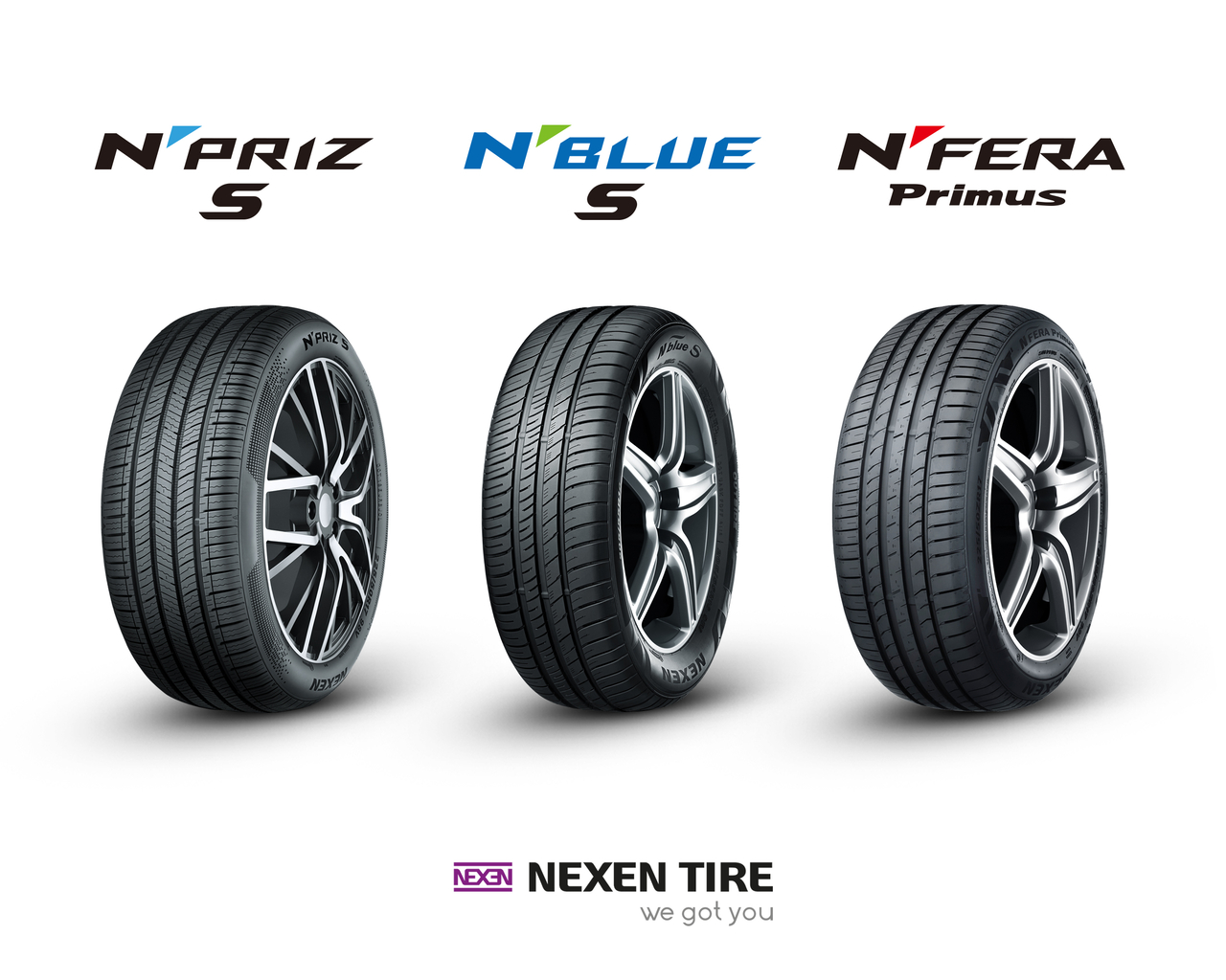 Three original-equipment tire models Nexen Tire will supply for the eighth-generation Hyundai Motor Avante. From left: N'Priz S, N'Blue S and N'Fera Primus. [Nexen Tire]