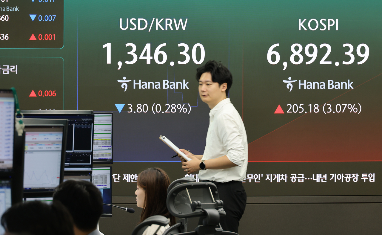 7일 서울 중구 하나은행 본점 딜링룸. [연합]