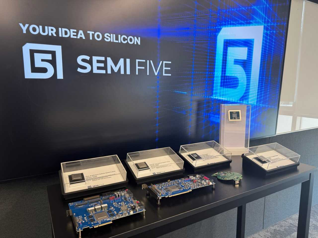 Prototypes of products SemiFive has secured orders for are displayed at the company's headquarters. (Courtesy of SemiFive)