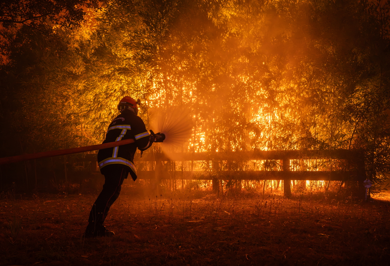 Firefighters are deployed to battle a wildfire spreading in Ares, southwestern France, on July 25 (local time). (Gironde Fire and Rescue Department, France/EPA)