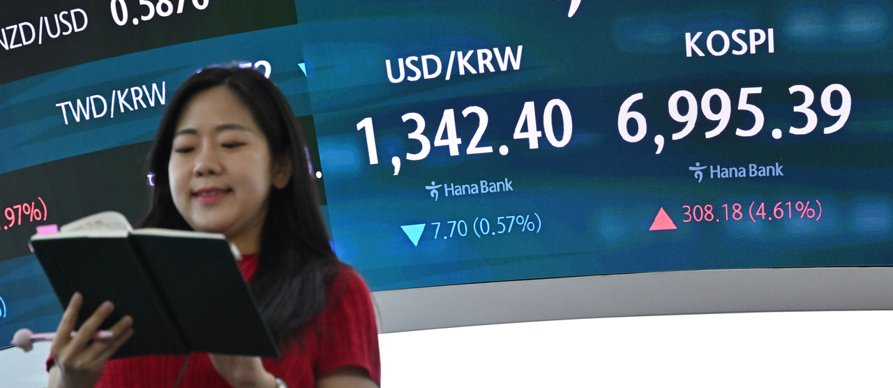 The Kospi closed at 6,995.39 on Monday, about 5 points short of the 7,000 mark. The Kospi is displayed on a screen at Hana Bank's dealing room in Jung-gu, Seoul. Photo by Lim Se-jun