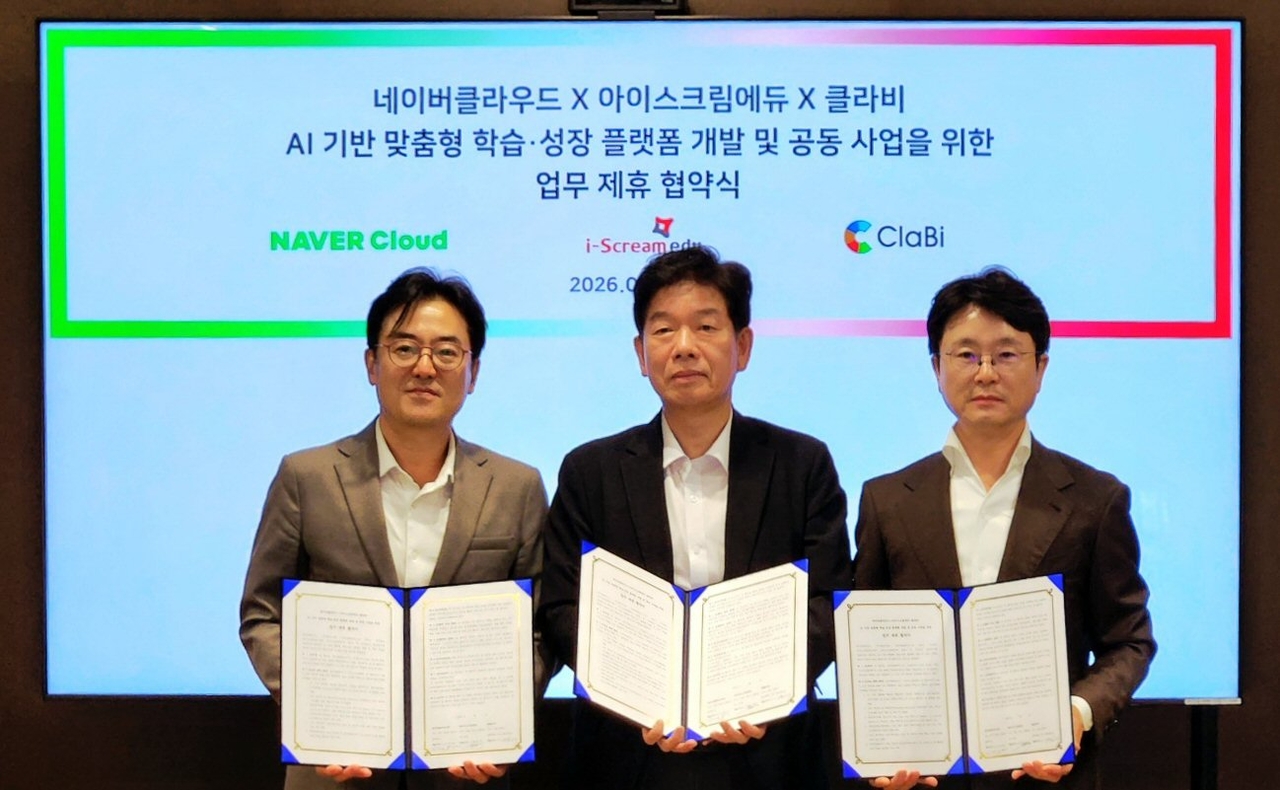 i-Scream Edu announced Monday that it signed a business agreement with Naver Cloud and Clabi to jointly develop an AI-based personalized learning and growth platform. [i-Scream Edu]