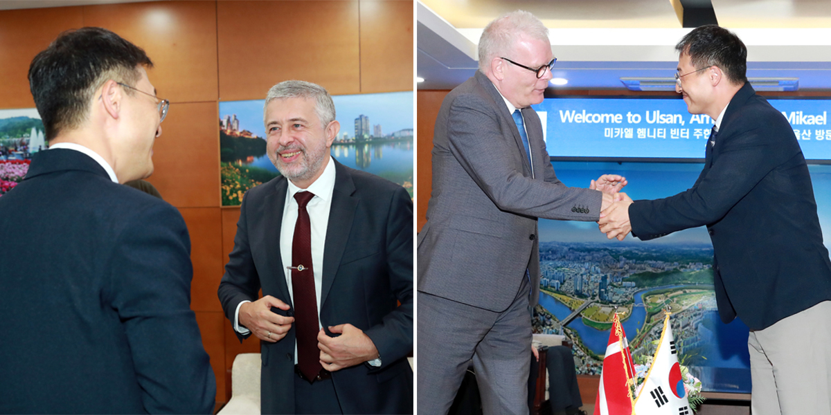 Ulsan Mayor Kim Sang-uk greets Russian Ambassador to South Korea Georgy Zinoviev (left) at the reception room on the seventh floor of Ulsan City Hall on Friday, and Danish Ambassador to South Korea Mikael Hemniti Winther (right) on Monday. [Ulsan City]
