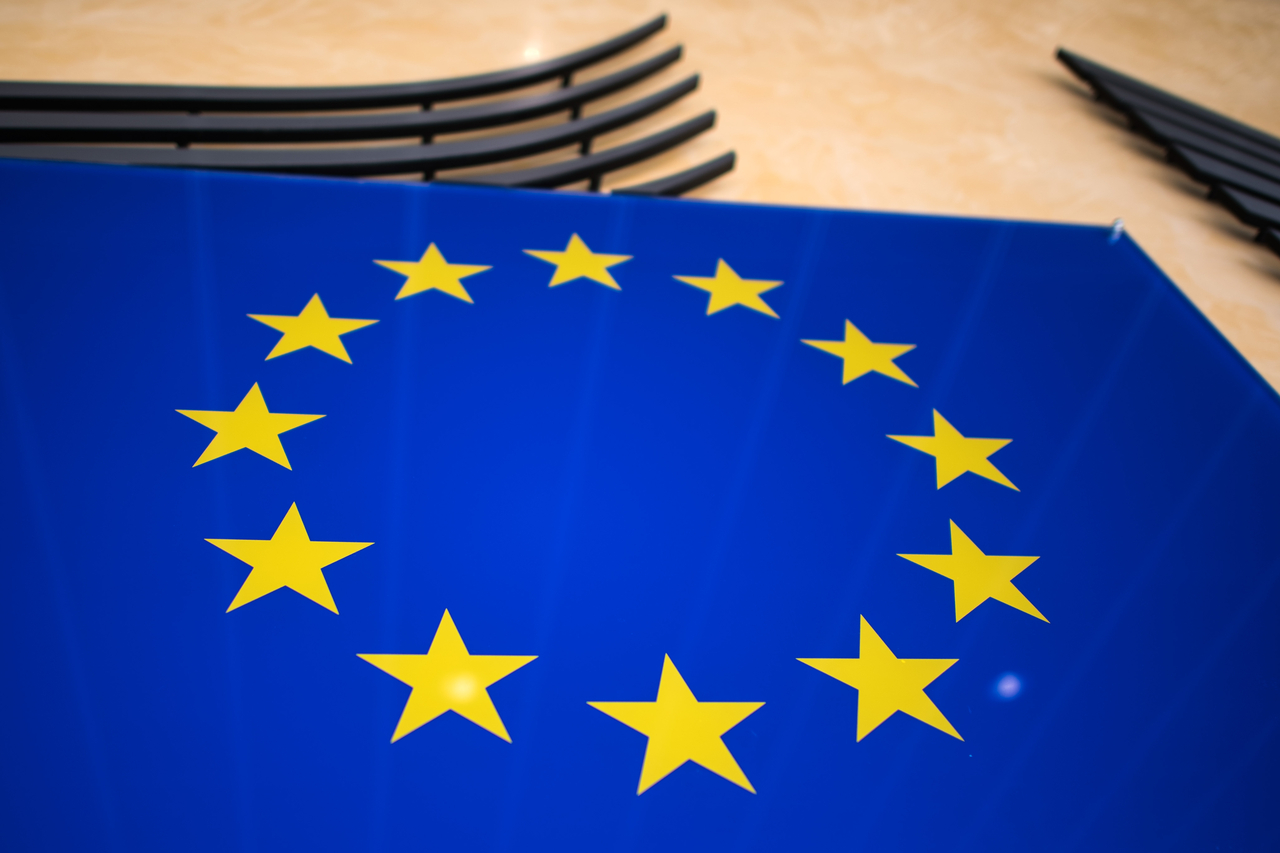 The EU logo is displayed at the European Commission headquarters in Brussels, Belgium, in March 2017.