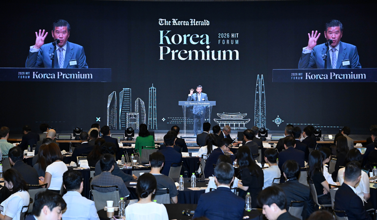 AmCham Chairman and CEO James Kim delivers remarks at The Korea Herald's 2026 HIT Forum, held at the Korea Chamber of Commerce and Industry in Seoul, Tuesday. (Lee Sang-sub/The Korea Herald)