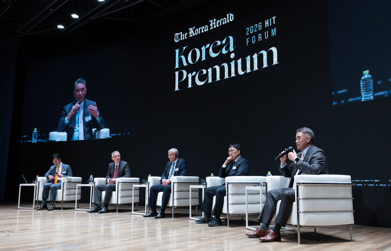 From left: Hanwha Asset Management Chief Marketing Officer and Executive Vice President Choi Young-jin, JPMorgan Asset Management Managing Director Alexander Treves, Societe Generale Head of Asia Equity Strategy Frank Benzimra, Nomura Senior Economist for Korea and Taiwan Park Jeong-woo and Morgan Stanley Chief Korea Equity Strategist and Head of Financials Research Joon Seok speak during a panel discussion at The Korea Herald's 2026 HIT Forum at the Korea Chamber of Commerce and Industry in central Seoul on Tuesday. (Yoon Chang-bin/The Korea Herald)