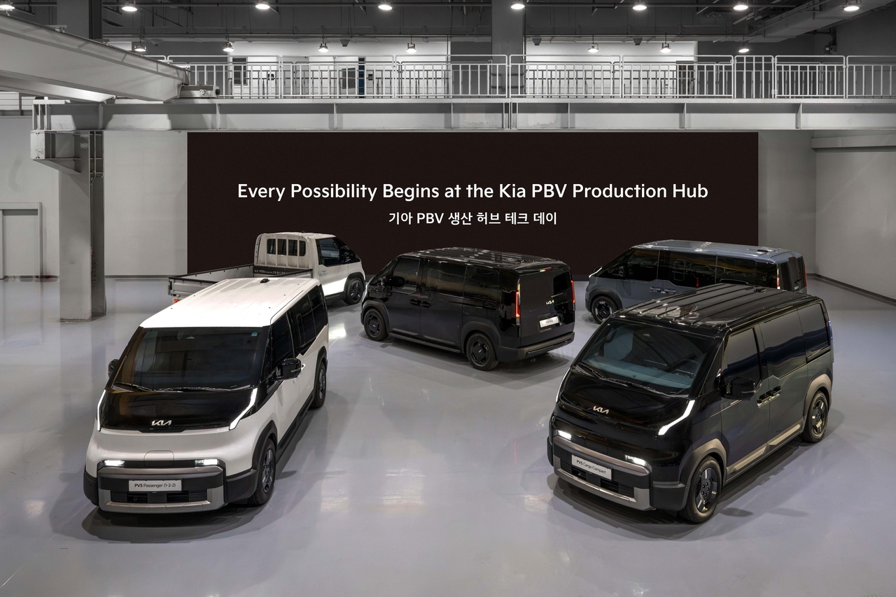 The PV5 lineup on display at Kia's PBV production hub tech day on Tuesday. (Kia)