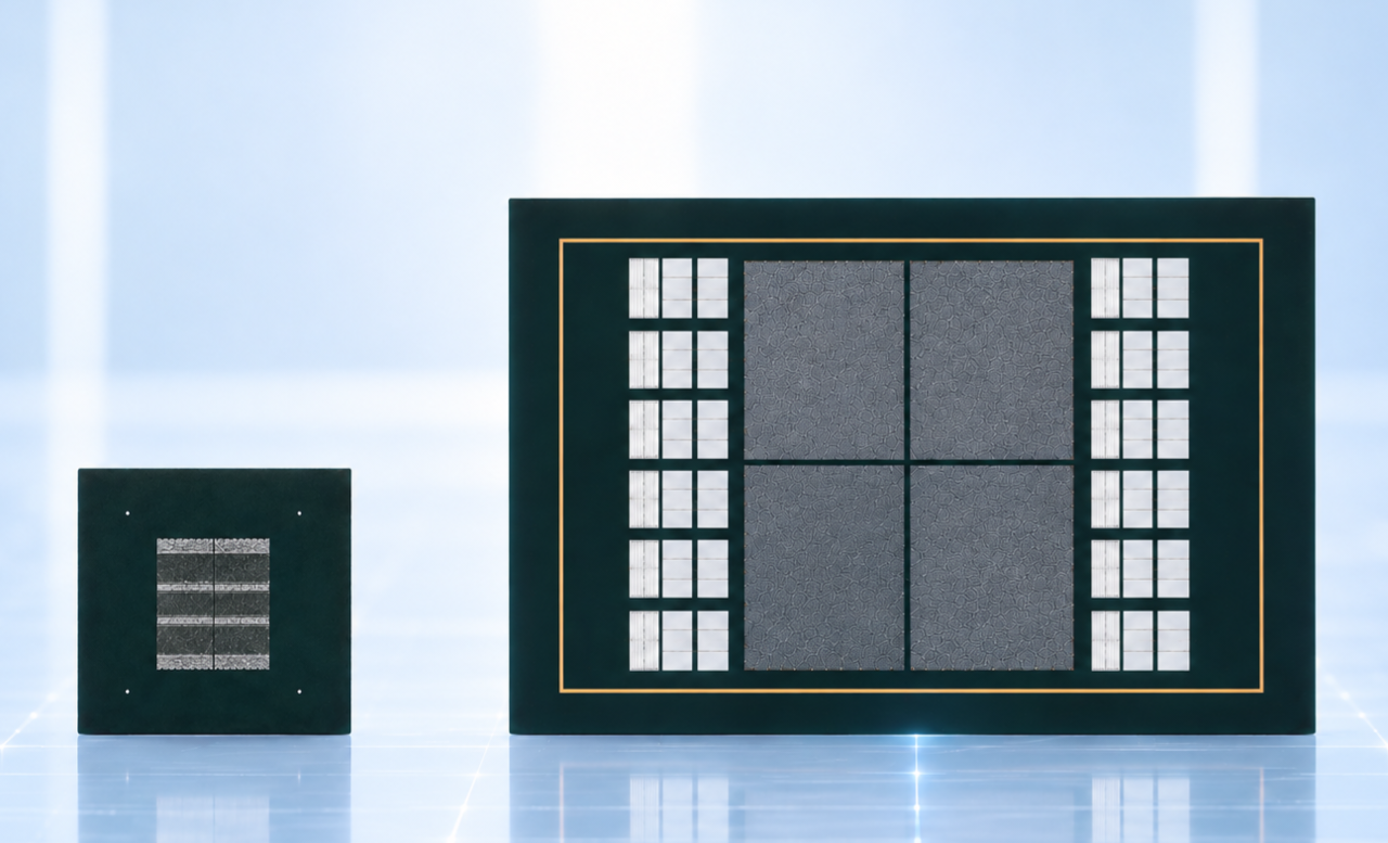 LG Innotek's large-area FC-BGA substrate for AI accelerators (right), unveiled for the first time at KPCA Show 2026, is about six times larger than a sample FC-BGA for PCs (left). (LG Innotek)