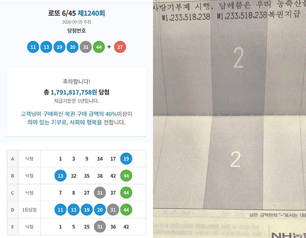 지난 5일 1240회 로또 1등에 당첨된 A씨의 당첨 인증샷. [직장인 익명 커뮤니티 ‘블라인드’ 캡처]