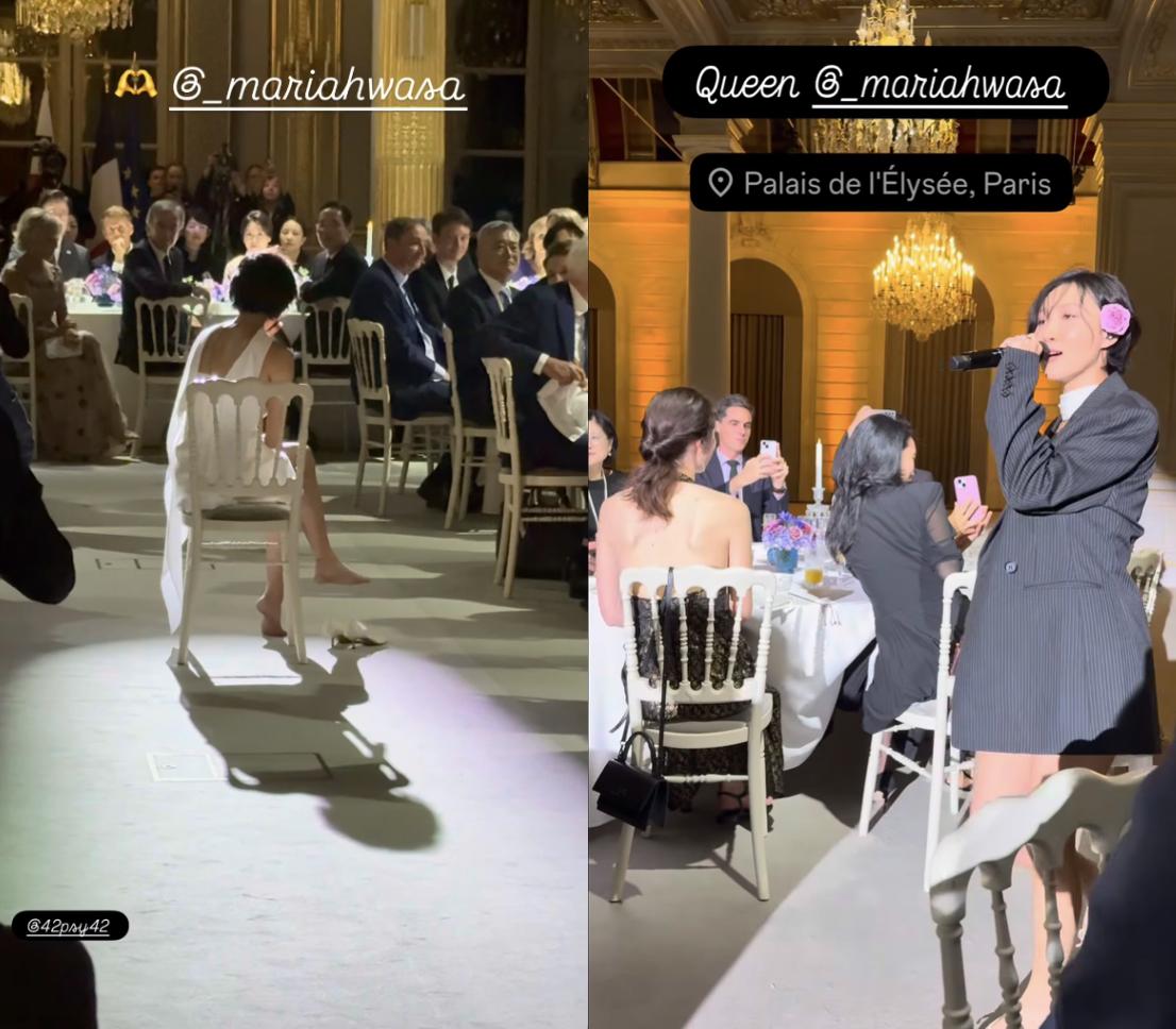 Hwasa performs "Good Goodbye" and "So Cute" during a state dinner hosted by French President Emmanuel Macron during President Lee Jae Myung's state visit to France at the Elysee Palace in Paris on Tuesday. (Instagram @fleurpellerin)