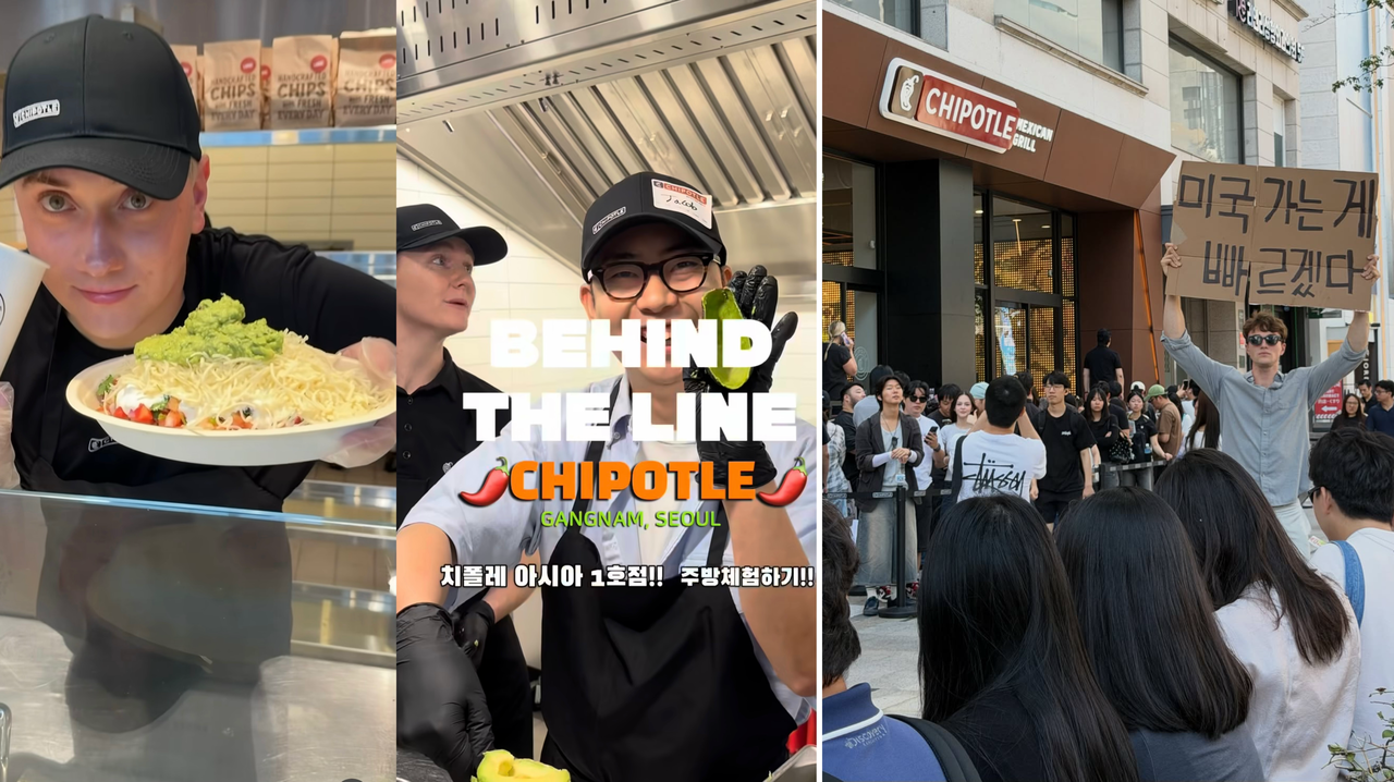 Food creator Logan Moffitt (left photo, left) and chef Hyun Sang-wook, who competed as "Gan-gwi" on Season 1 of Culinary Class Wars, were among the creators who participated in Chipotle's "Behind the Line" campaign. In the right photo, Influencer Adam Novak holds up a sign outside Chipotle that reads in Korean, "It'd be faster to go to America." (Instagram @logansfewd, @jacobhyun, @its_adam_novak)