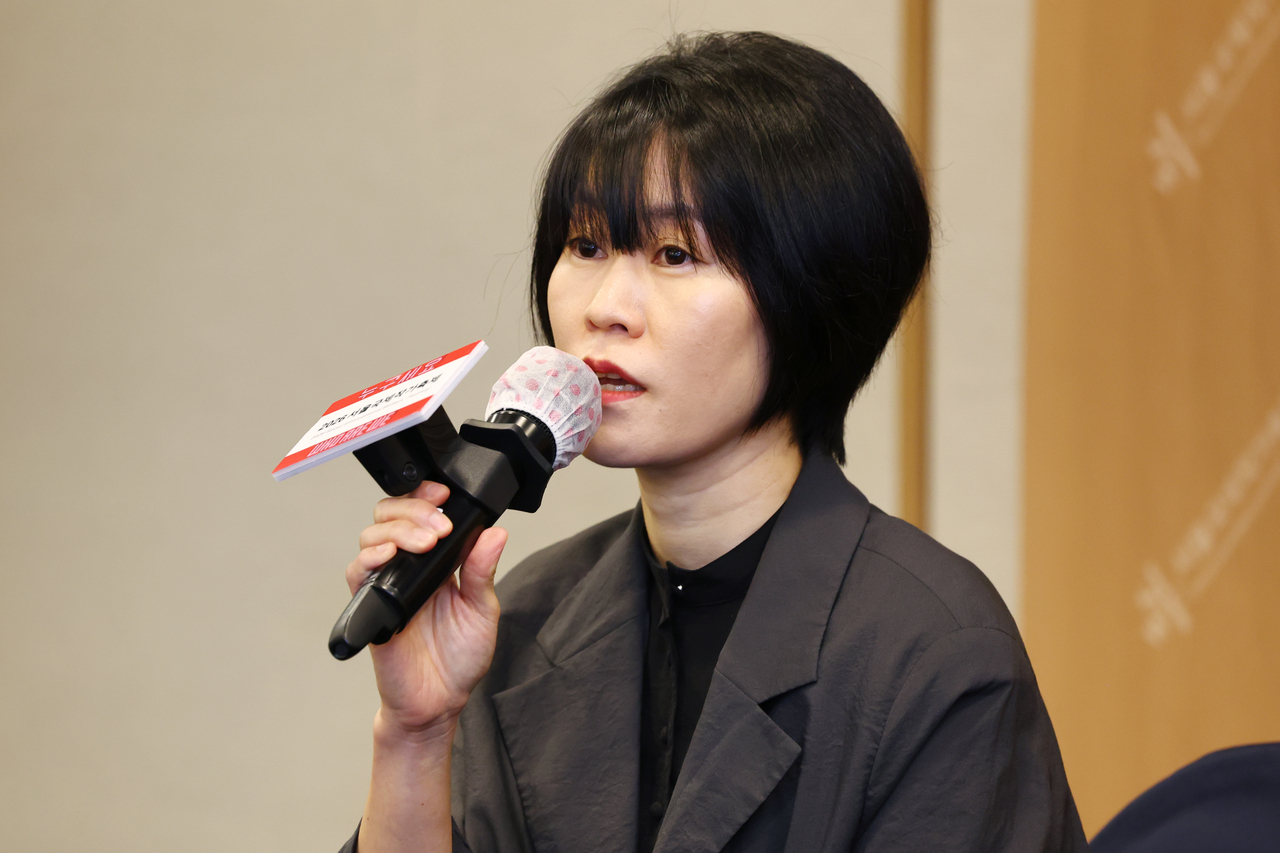 Kim Ae-ran speaks during a press conference for the 2026 Seoul International Writers Festival in central Seoul, Thursday. (Yonhap)