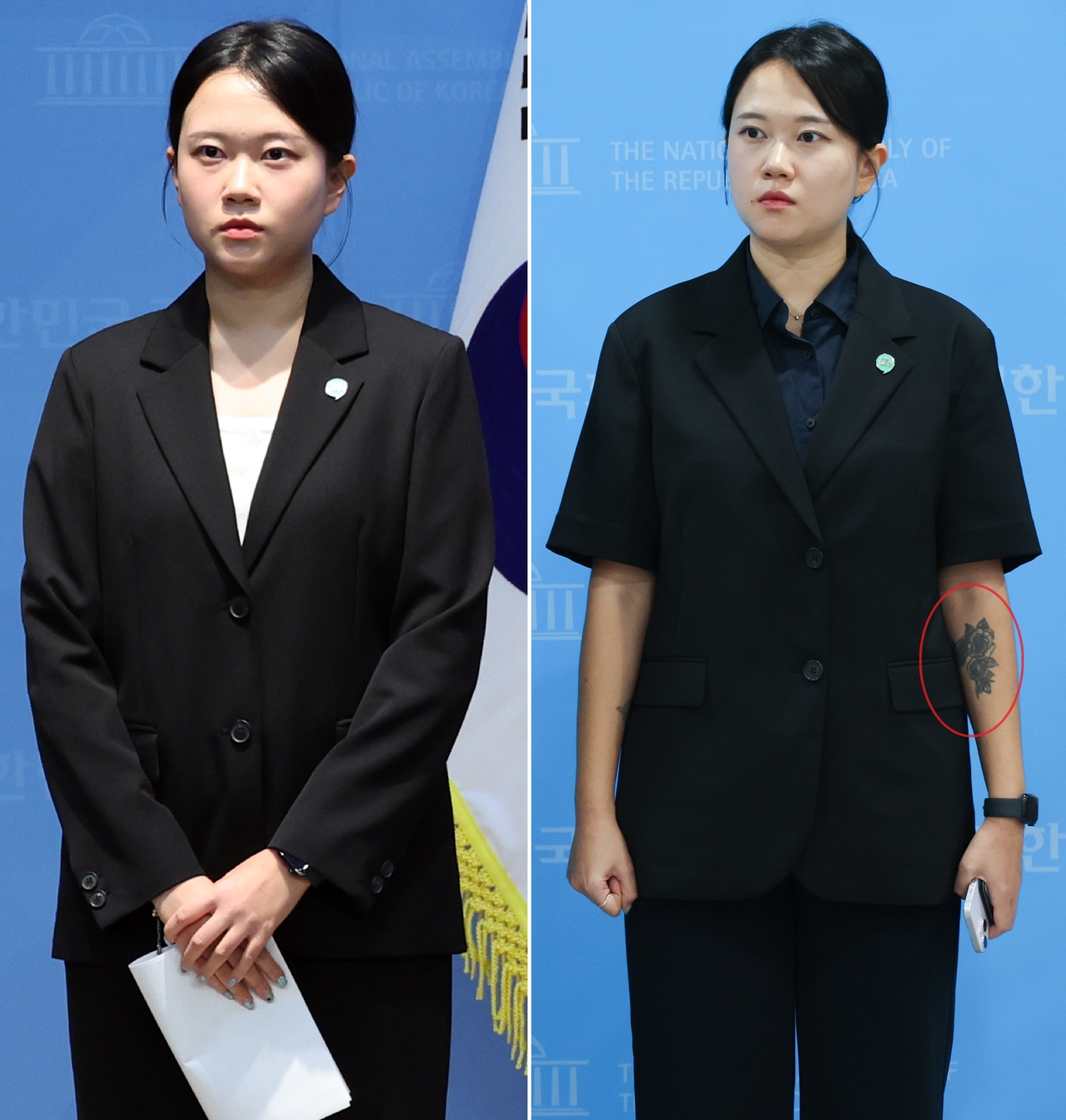 김진서 기본소득당 부대변인의 9일 기자회견(왼쪽)과 7일 기자회견에서 팔에 문신을 드러낸 모습. [뉴시스]