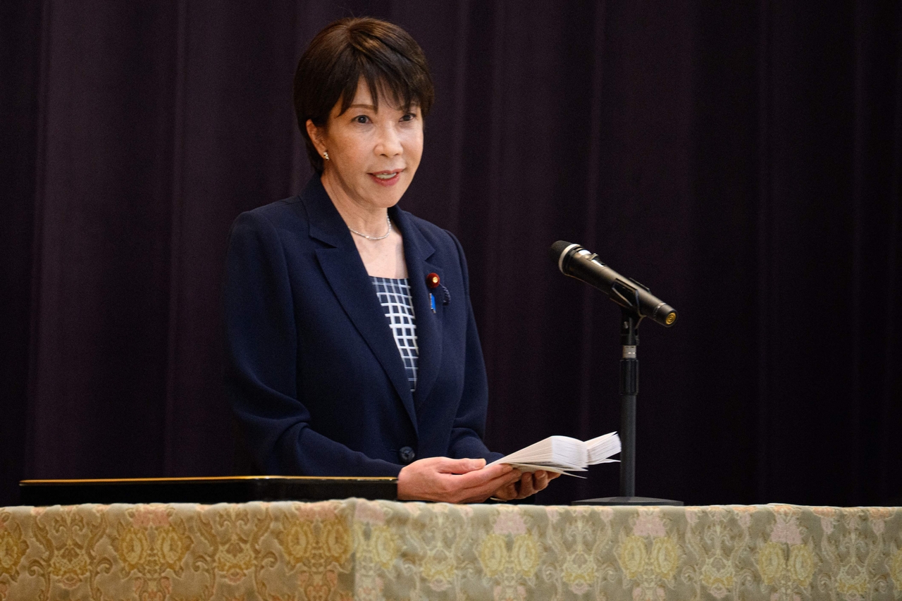 Japanese Prime Minister Sanae Takaichi speaks at a meeting of senior Self-Defense Forces commanders held at the Defense Ministry in Tokyo on Sept. 2. (AFP)