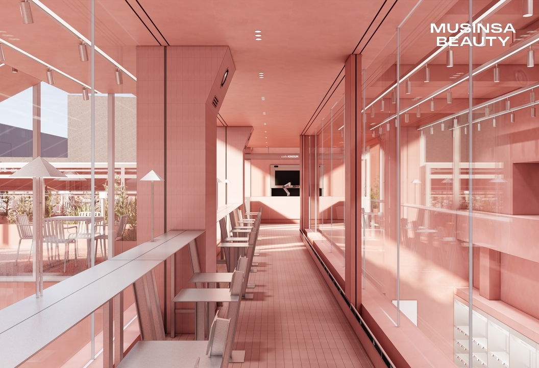 The terrace and cafe on the third floor of Musinsa's first standalone beauty flagship, in Hongdae (Musinsa)