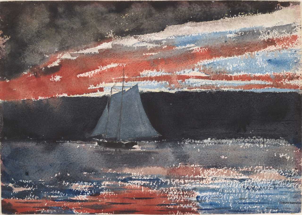 윈슬로 호머, 일몰 속 스쿠너선, 1880, 종이에 수채 등, 25x35cm, 포그 미술관 [Harvard Art Museums. Google Arts & Culture, Public Domain, commons.wikimedia.org]