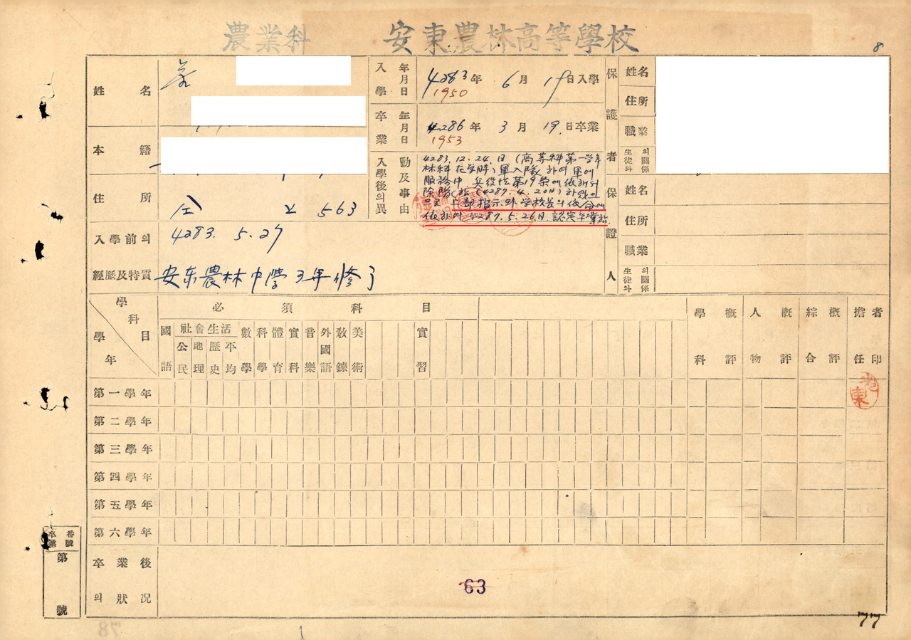 안동농림고, 상부지시와 학교장의 의명에 의해 발행된 졸업 증명서.[경북교육청 제공]