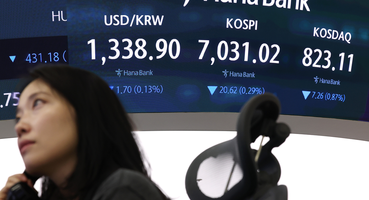 서울 중구 하나은행 본점에서 직원들이 증시와 환율을 살피고 있다. [연합]