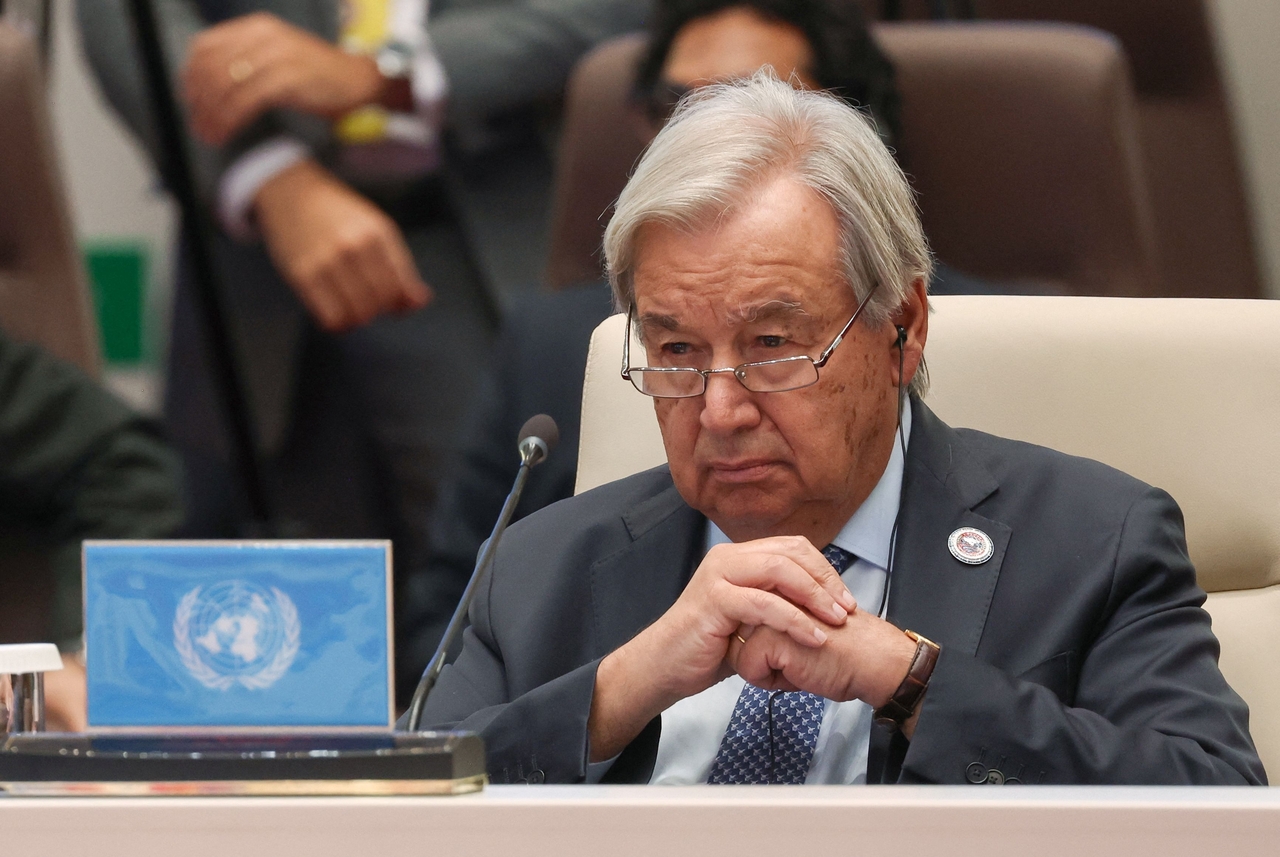In this pool photograph distributed by the Russian state agency Sputnik, United Nations Secretary-General Antonio Guterres attends a SCO+ format meeting of the Shanghai Cooperation Organisation (SCO) summit in Bishkek on September 1. (AFP-Yonhap)