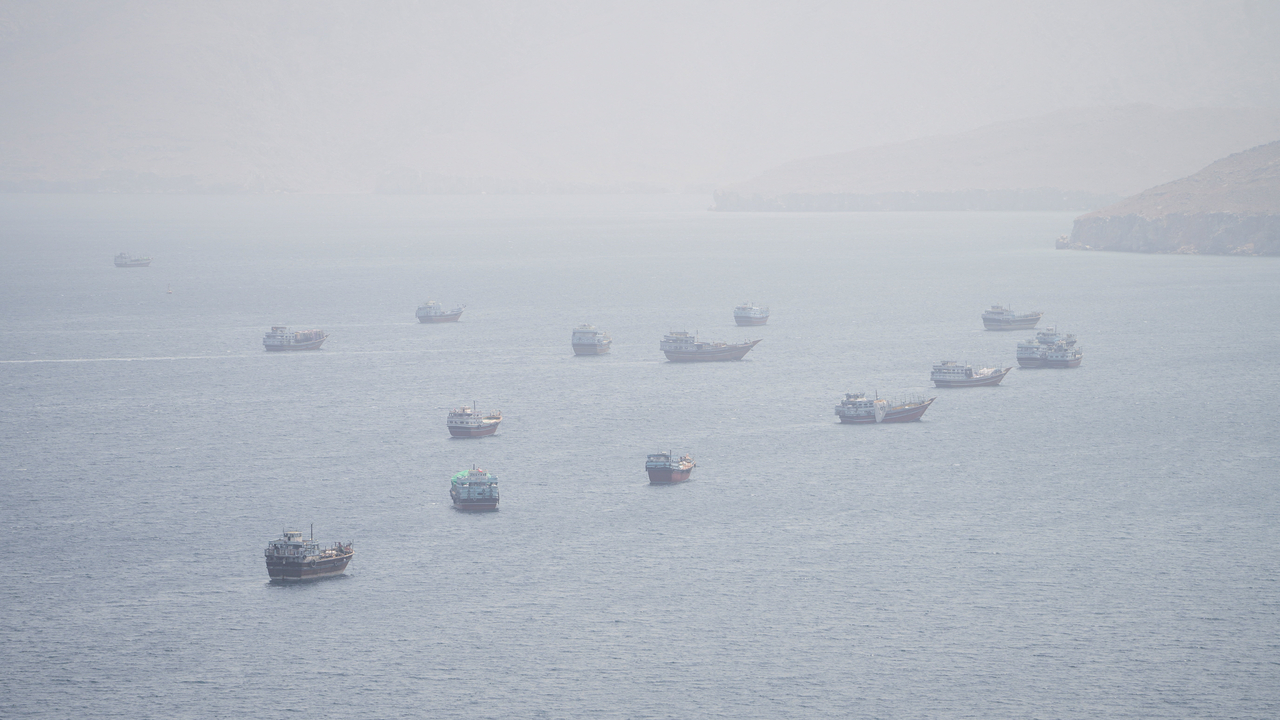 Vessels near the Strait of Hormuz, as seen from Musandam, Oman, Sept. 2 (Reuters-Yonhap)