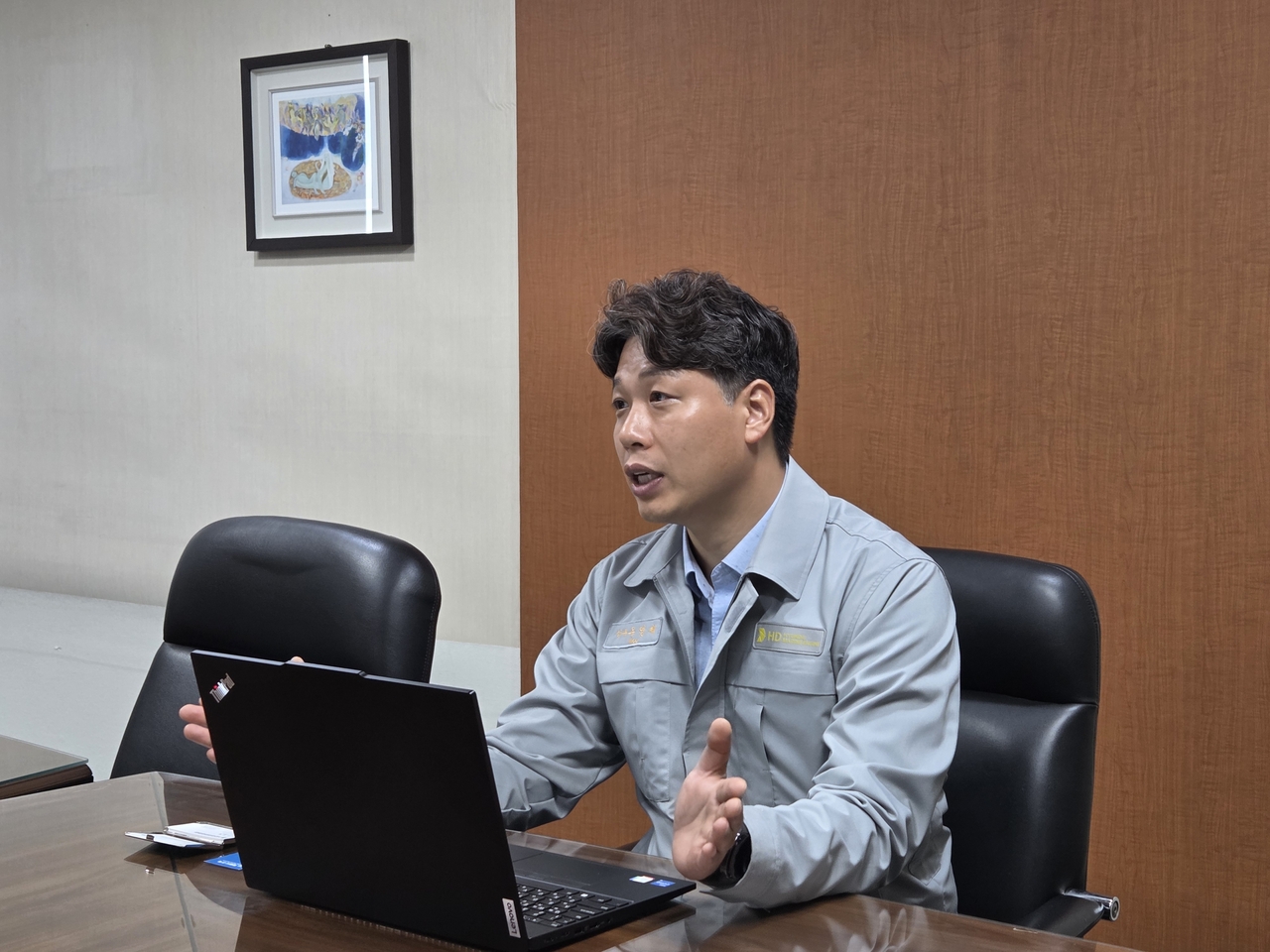 우영제 HD현대마린엔진 상무가 지난달 31일 HD현대마린엔진 창원 공장에서 헤럴드경제와 인터뷰를 하고 있다. [HD현대 제공]