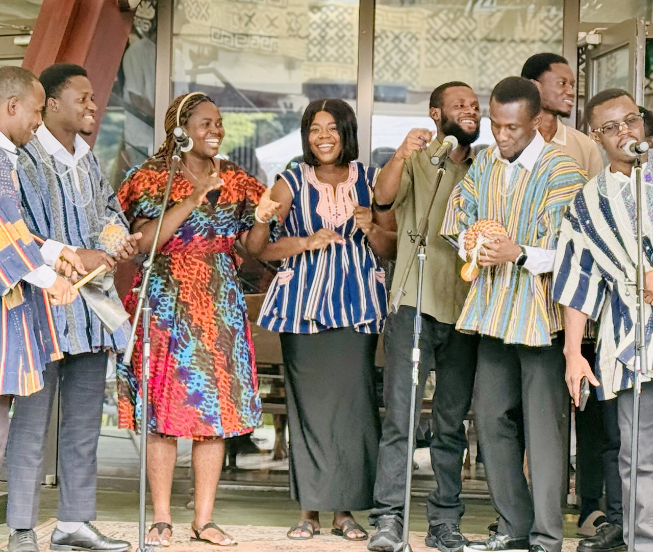 Members of the Ghanaian community in South Korea perform Ghanaian songs with Korean lyrics during Ghana Day in Yeongwol, Gangwon Province, Saturday. (Sanjay Kumar/The Korea Herald)